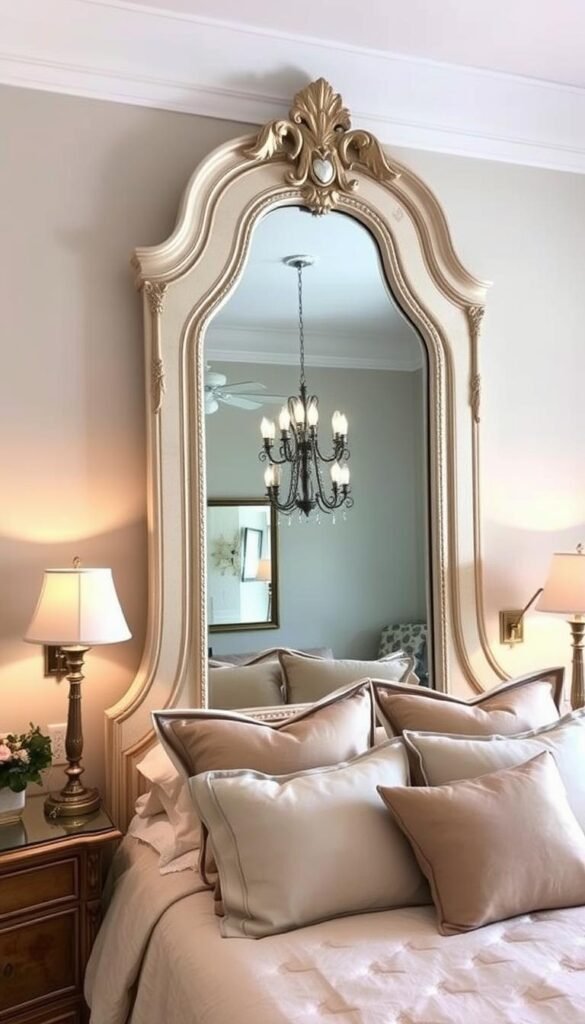 Antique trumeau mirror used as a headboard in a bedroom creating a romantic focal point Antique trumeau mirror used as a headboard in a bedroom creating a romantic focal point