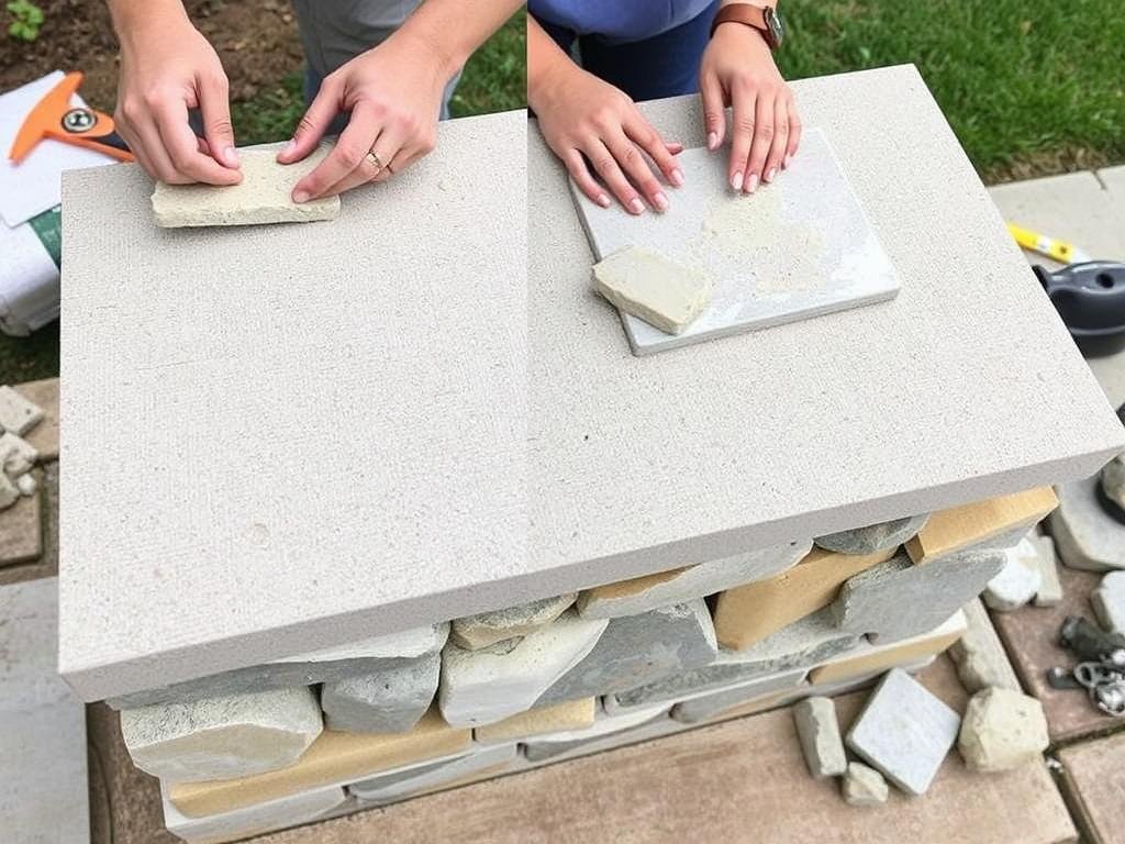 Applying stone veneer to outdoor kitchen structure