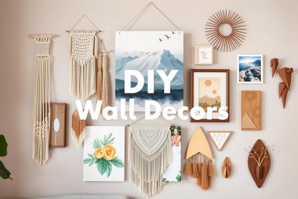 Assortment of DIY wall decor projects including macramé hangings, painted canvas art, and framed fabric pieces