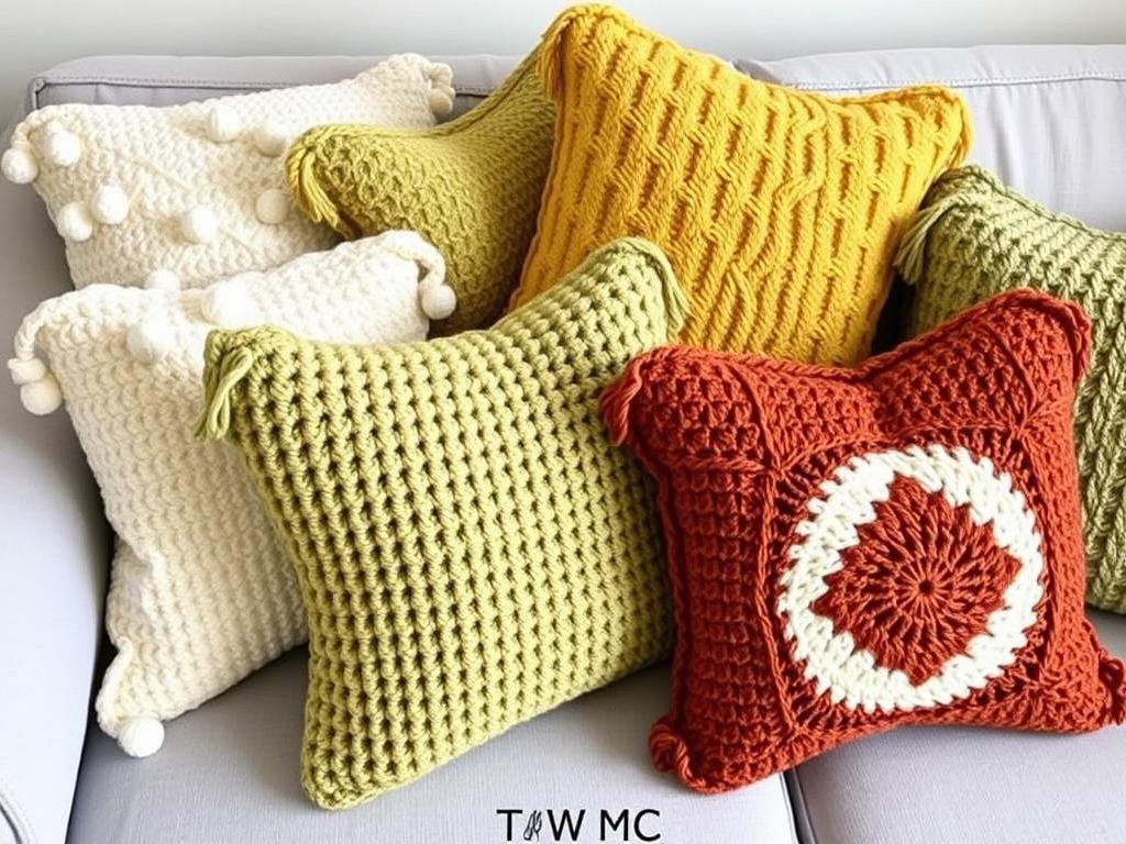 Assortment of crochet throw pillows in various textures and complementary colors Assortment of crochet throw pillows in various textures and complementary colors