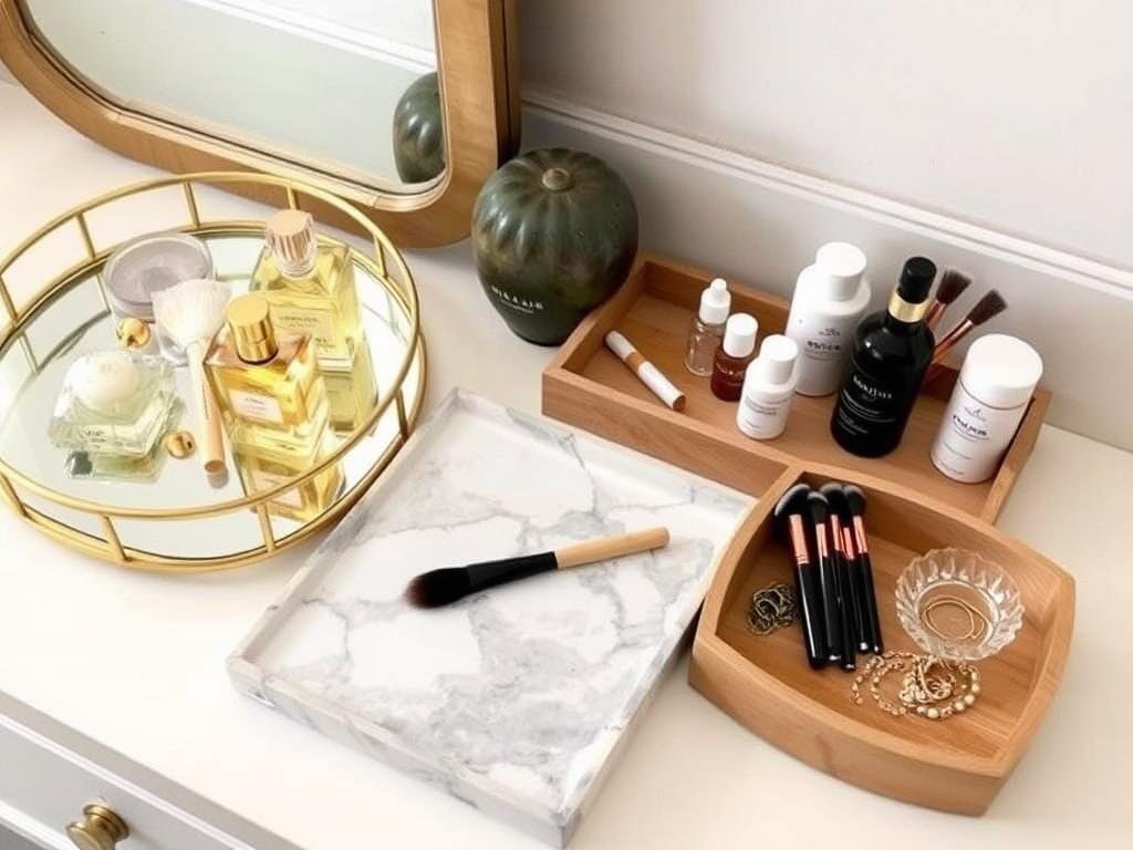 Assortment of decorative vanity trays in different styles and materials