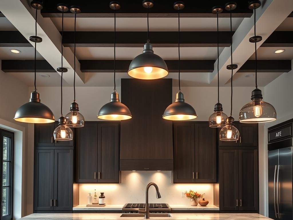 Asymmetrical lighting arrangement with fixtures at varying heights for 2026 kitchen trends Asymmetrical lighting arrangement with fixtures at varying heights for 2026 kitchen trends