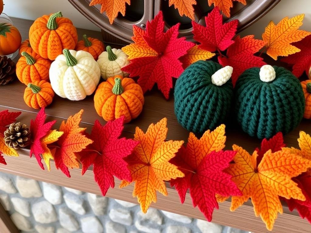 Autumn-themed crochet decorations including pumpkins and leaf garland Autumn-themed crochet decorations including pumpkins and leaf garland