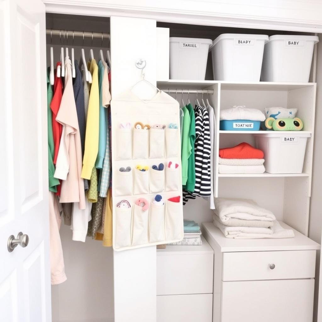 Baby closet organization system with dividers, hanging organizers, and size labels