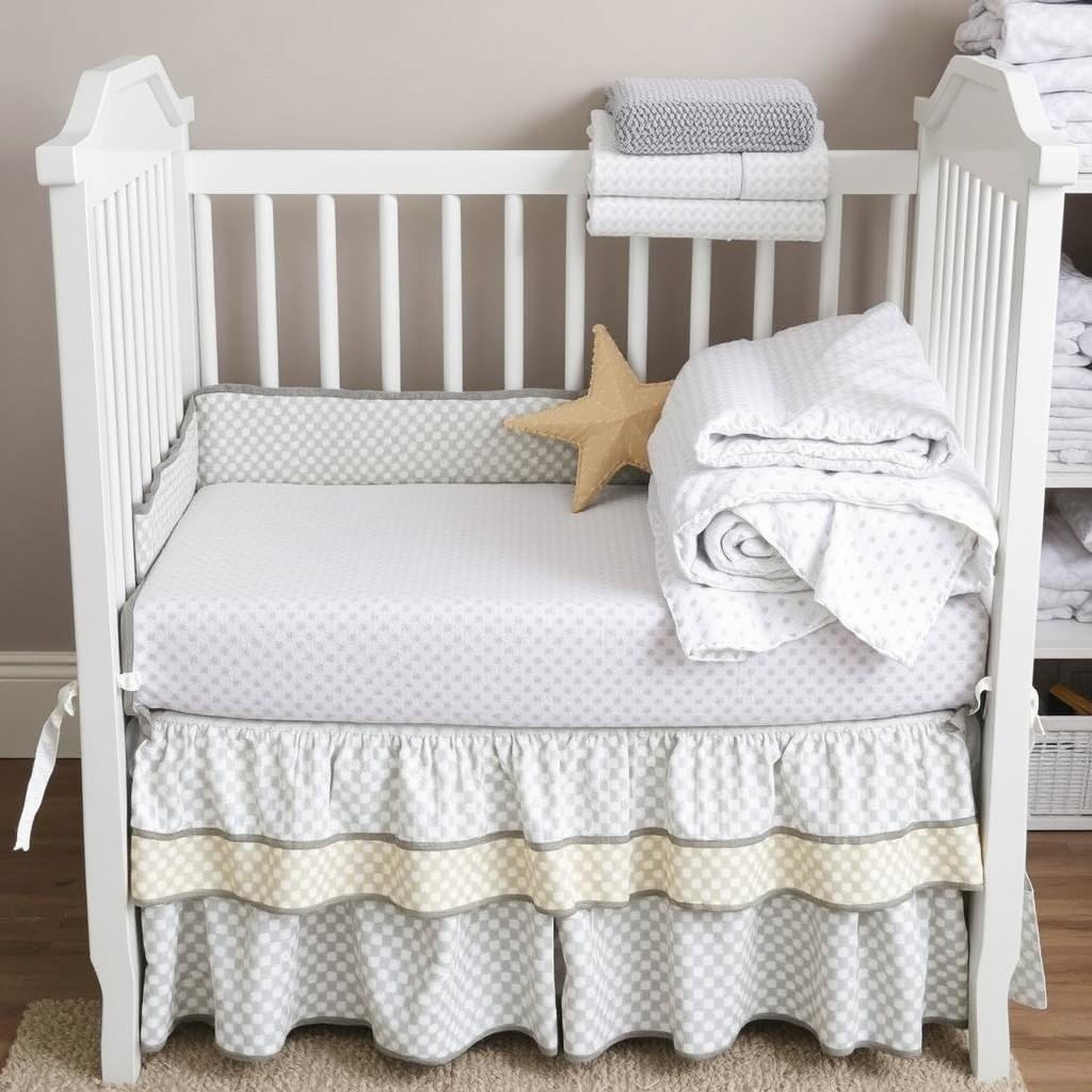 Baby crib with layered bedding including fitted sheet, crib skirt, and nearby blankets