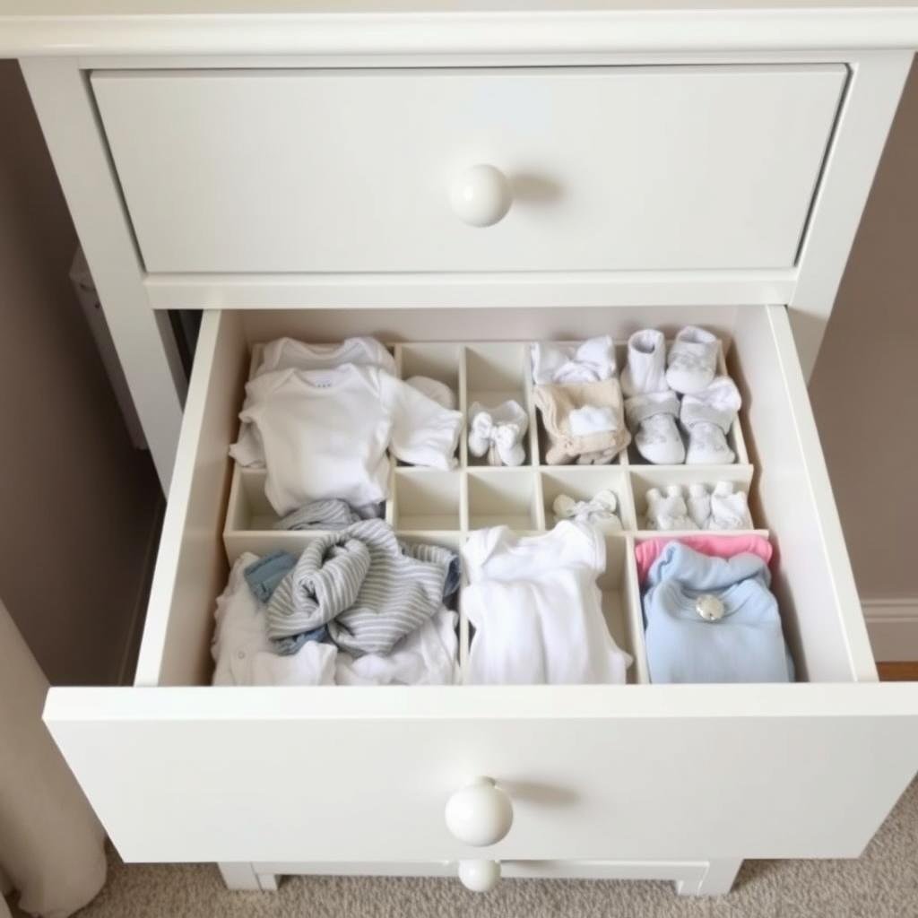Baby dresser with organized drawer dividers for small clothes and accessories