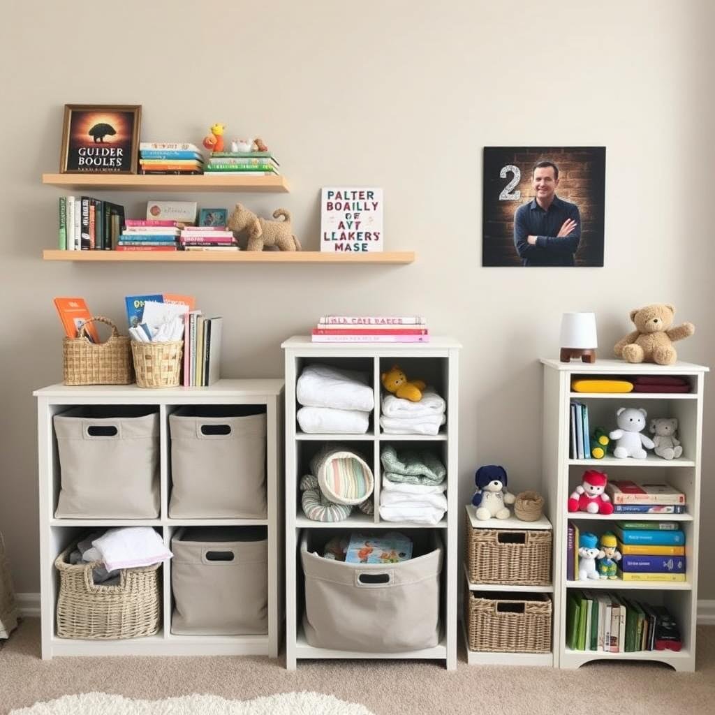 Baby room storage solutions with baskets, bins, and shelving