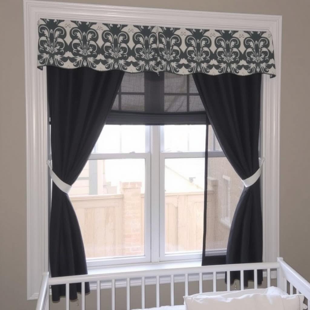 Baby room window treatment with blackout curtains and decorative valance