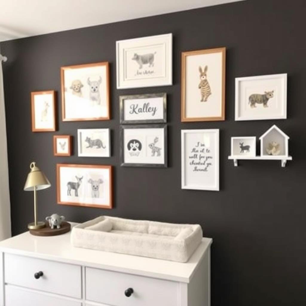 Baby room with a gallery wall of framed animal prints and personalized name art