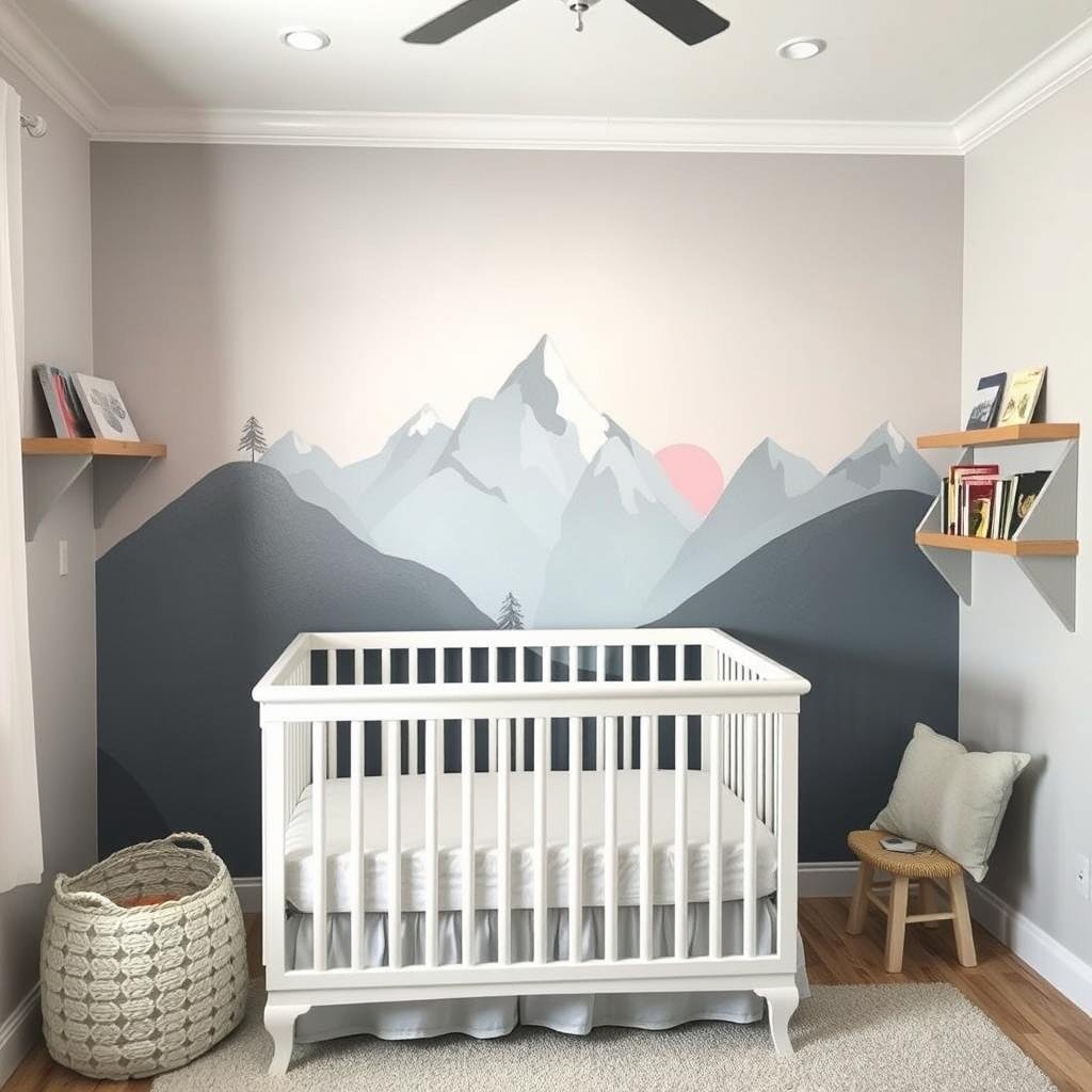 Baby room with a painted accent wall featuring a mountain mural in soft colors