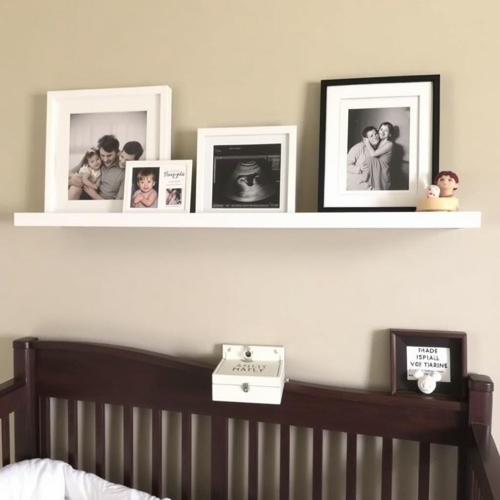 Baby room with family photos and meaningful keepsakes displayed on floating shelves