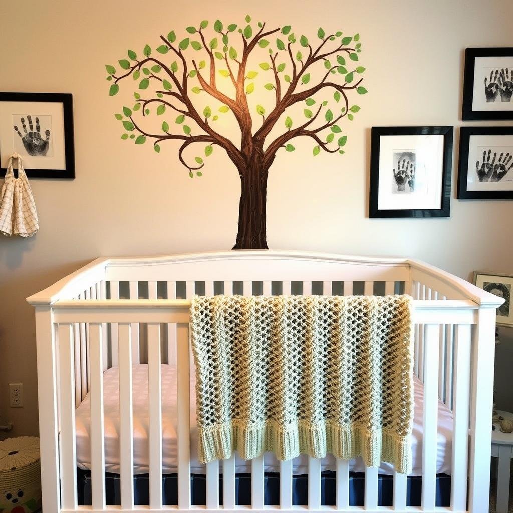 Baby room with handmade elements including a knitted blanket and painted wall mural
