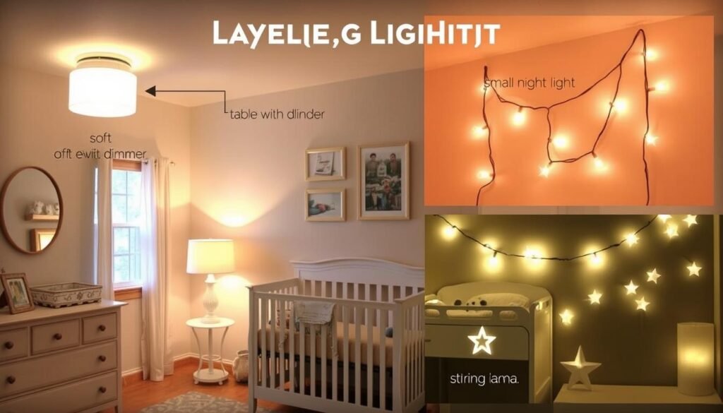 Baby room with layered lighting including ceiling light, table lamp, and night light creating a cozy atmosphere