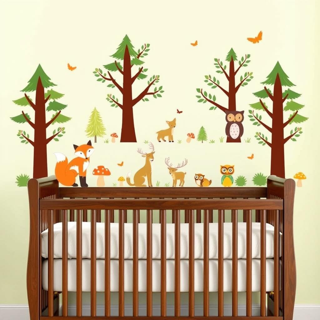 Baby room with removable wall decals featuring woodland animals