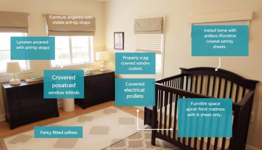 Baby room with safety features highlighted including secured furniture, cordless blinds, and baby monitor