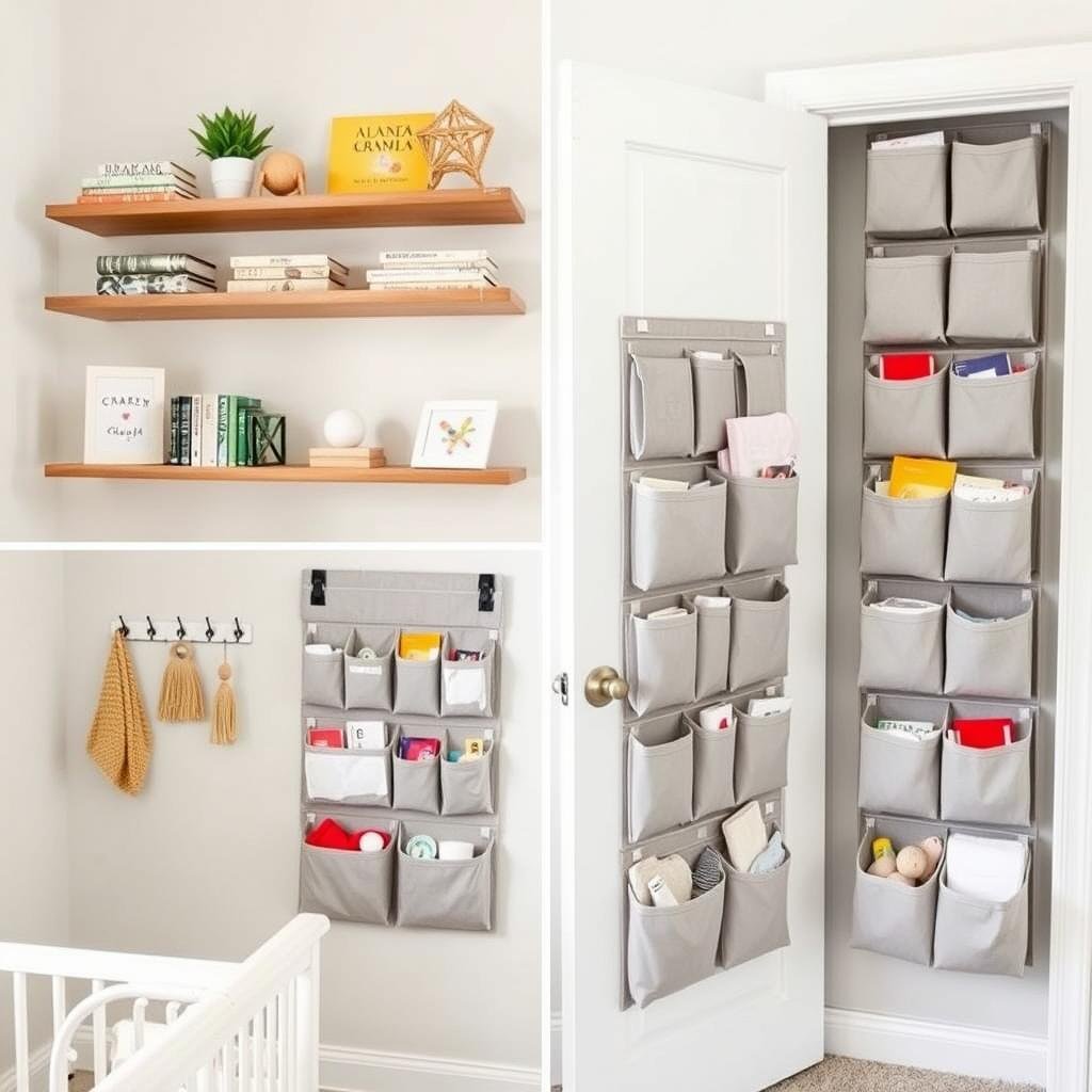 Baby room with vertical storage solutions including wall shelves and hanging organizers