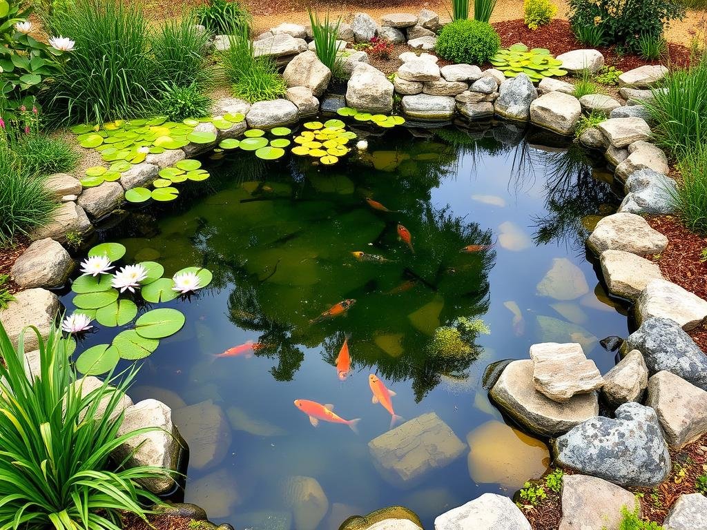 Backyard pond with water lilies, koi fish, and surrounding plants