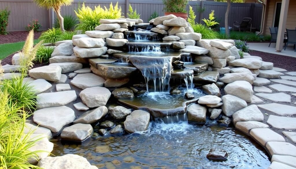 Backyard with cascading water feature integrated with landscaping and seating area