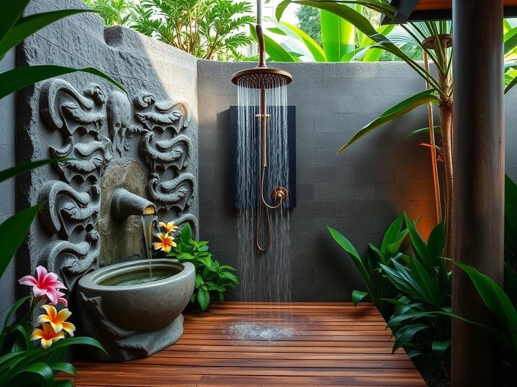Balinese-inspired outdoor shower with carved stone and water feature