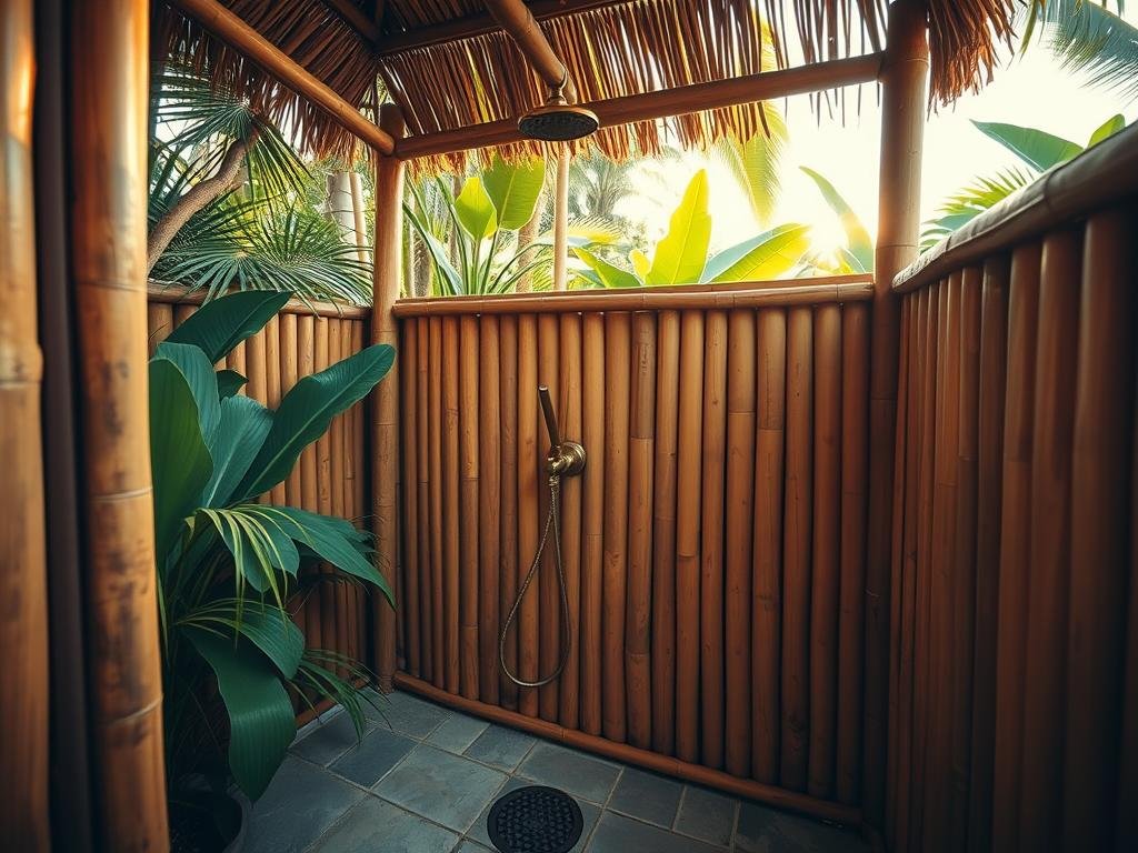 Bamboo-enclosed outdoor shower with tropical plants and stone floor