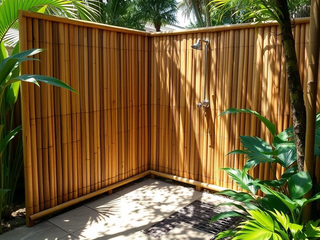 Bamboo privacy screen outdoor shower with stone floor and plants