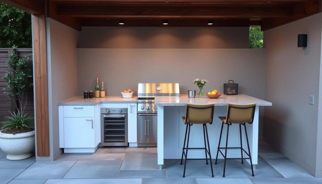Bar-height counter small outdoor kitchen design with seating