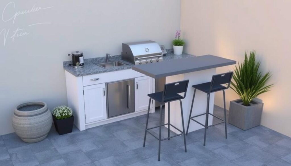 Bar-height outdoor kitchen with seating and serving area in a small space