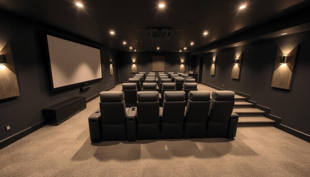 Basement converted into a home theater with proper lighting and seating Basement converted into a home theater with proper lighting and seating