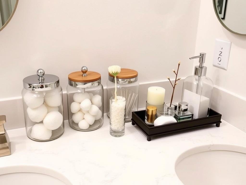 Bathroom countertop styled with elegant containers for toiletries