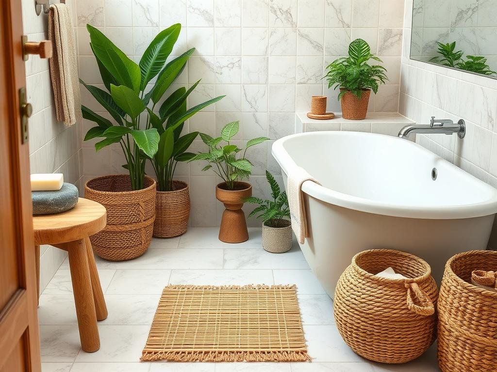 Bathroom decorated with natural elements like wood and plants