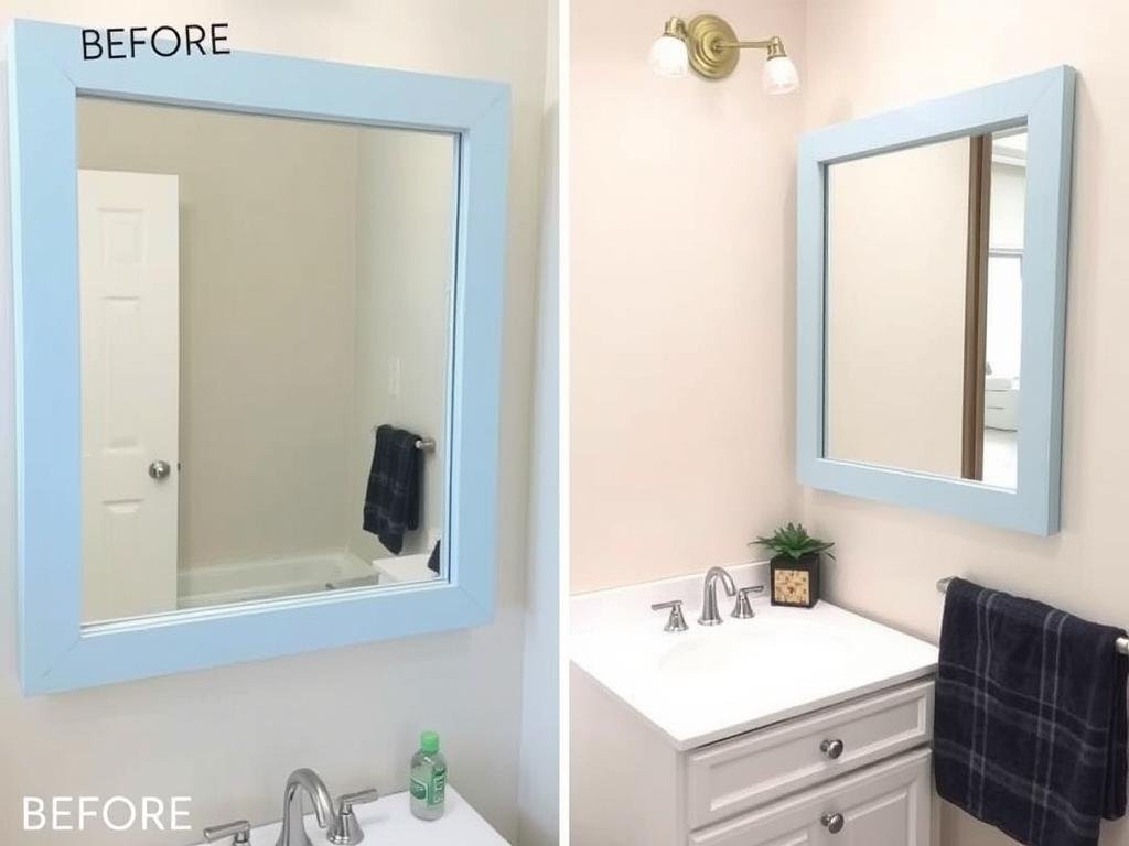 Bathroom featuring a DIY framed mirror with a custom-built wooden frame Bathroom featuring a DIY framed mirror with a custom-built wooden frame