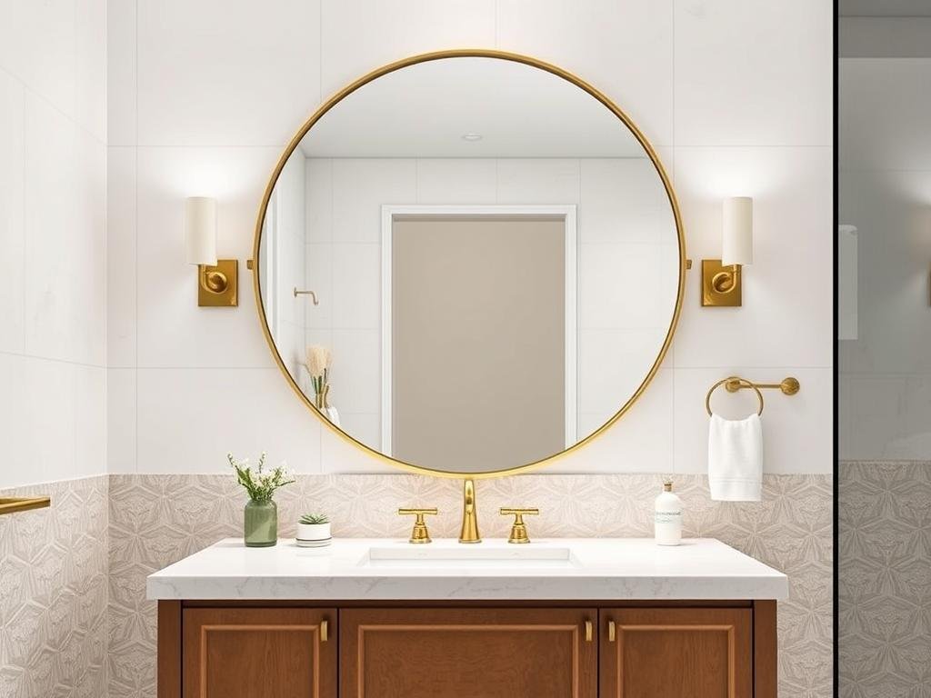 Bathroom featuring a round mirror that softens the space's angular elements Bathroom featuring a round mirror that softens the space's angular elements