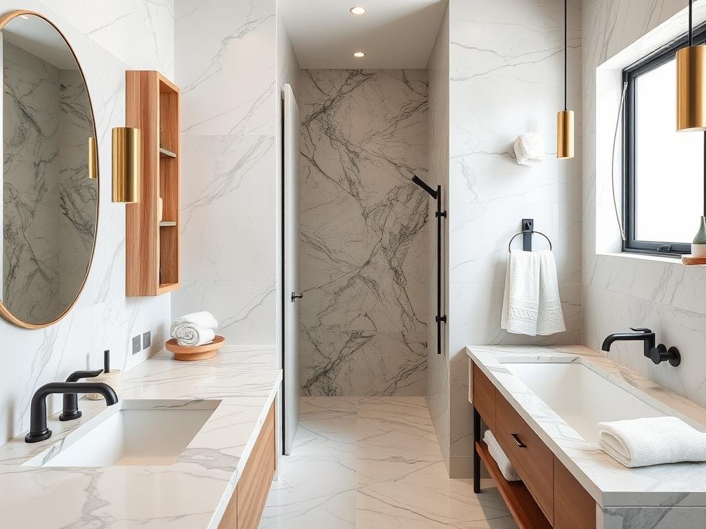 Bathroom featuring high-quality materials like marble, stone, wood, and brass Bathroom featuring high-quality materials like marble, stone, wood, and brass