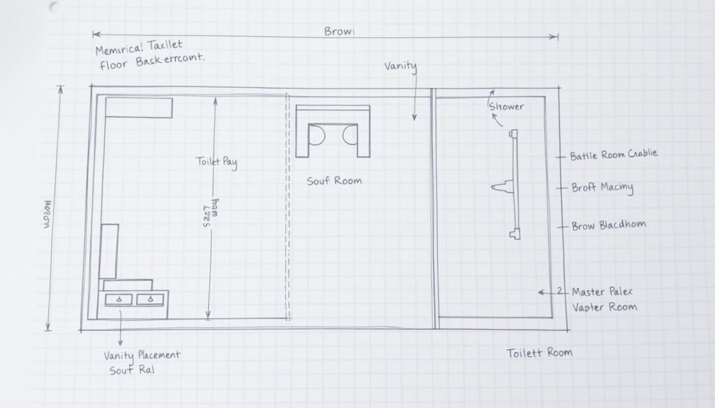 Bathroom floor plan sketch with measurements and fixture placements for master bath remodel Bathroom floor plan sketch with measurements and fixture placements for master bath remodel