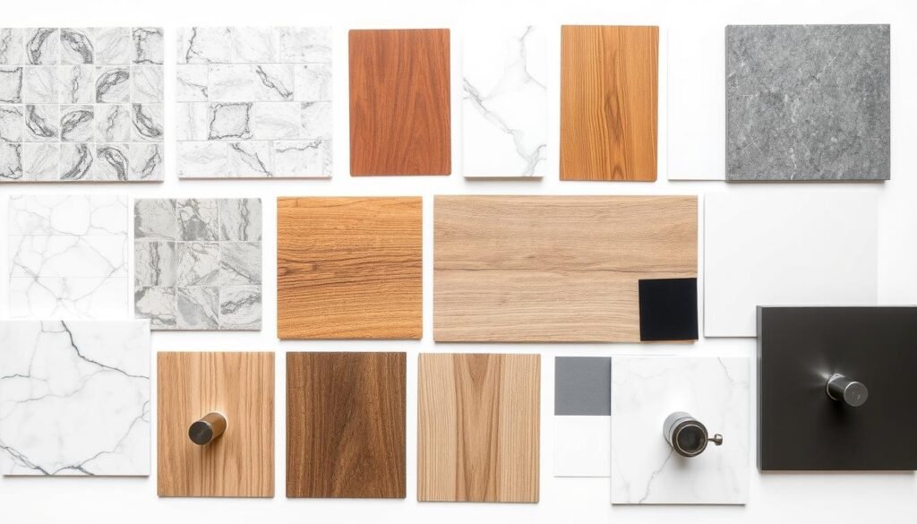 Bathroom remodel material samples including tile, countertop, and fixture finishes Bathroom remodel material samples including tile, countertop, and fixture finishes