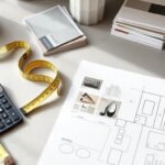 Bathroom remodel planning process with mood board, measuring tape, and material samples