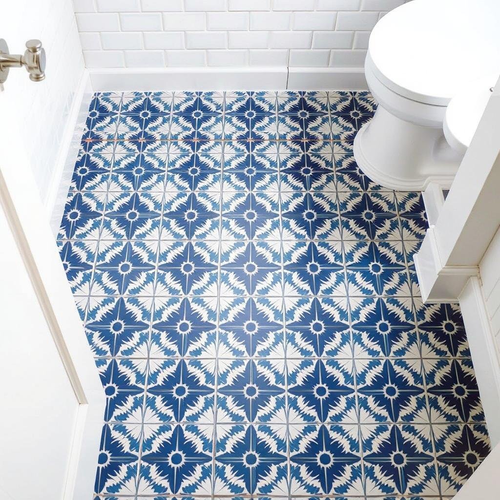 Bathroom remodel with bold patterned floor tile and neutral walls Bathroom remodel with bold patterned floor tile and neutral walls