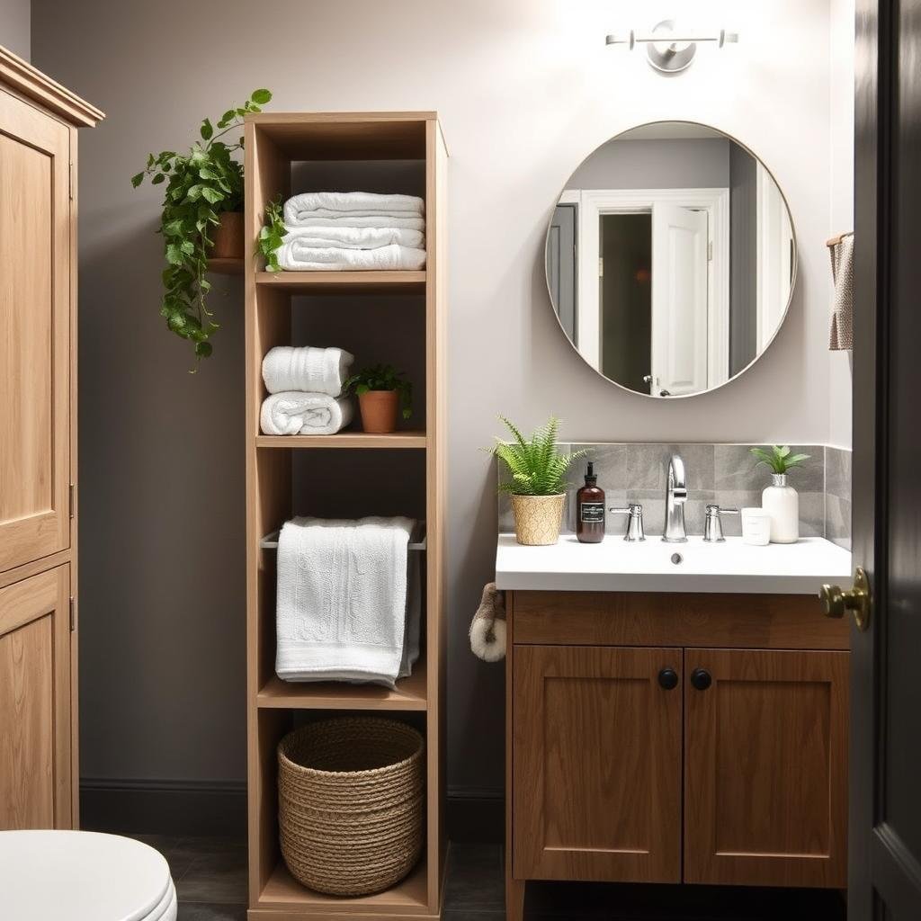 Bathroom remodel with built-in linen cabinet and open shelving Bathroom remodel with built-in linen cabinet and open shelving