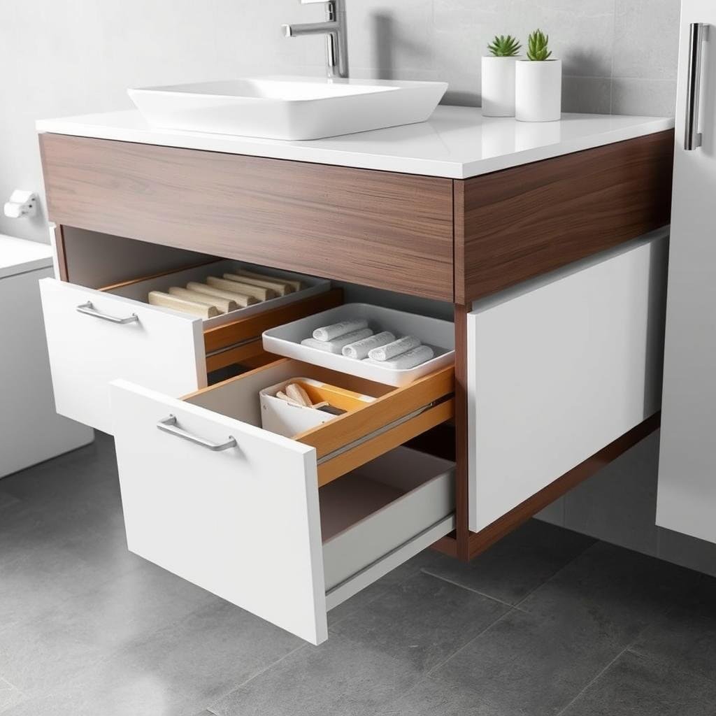 Bathroom remodel with floating vanity and integrated storage Bathroom remodel with floating vanity and integrated storage