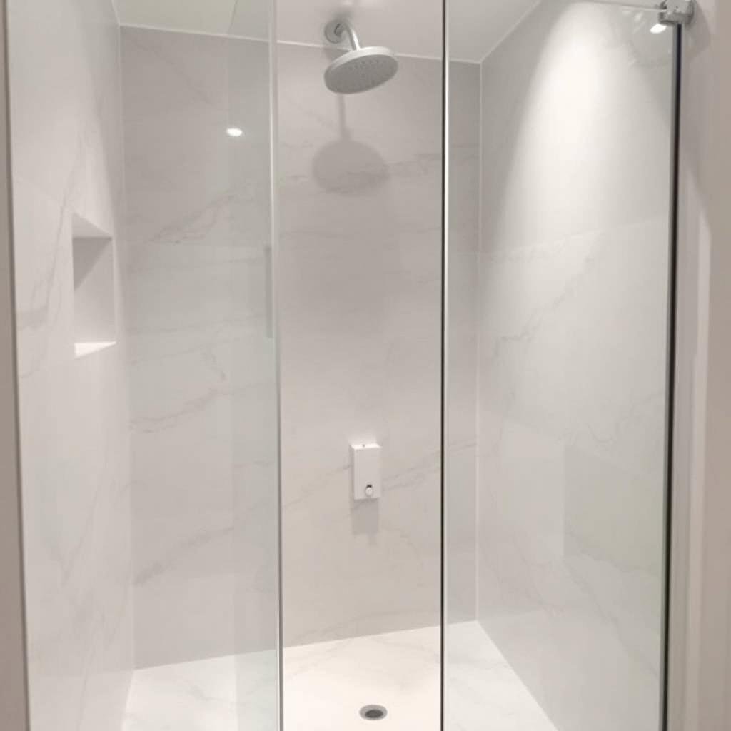 Bathroom remodel with large format porcelain slab shower walls Bathroom remodel with large format porcelain slab shower walls