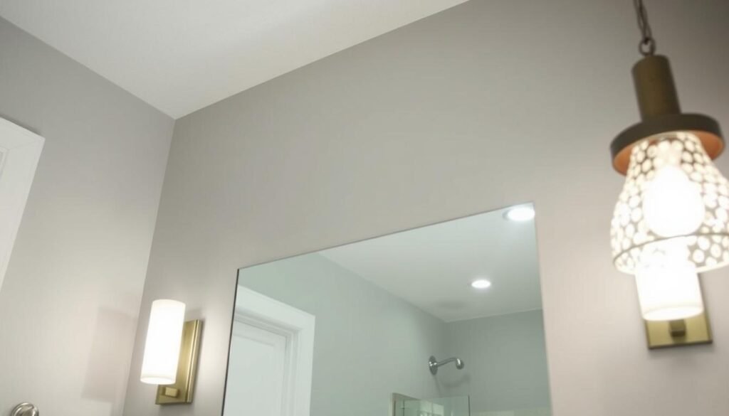 Bathroom remodel with layered lighting including vanity lights, recessed lights, and decorative fixture Bathroom remodel with layered lighting including vanity lights, recessed lights, and decorative fixture