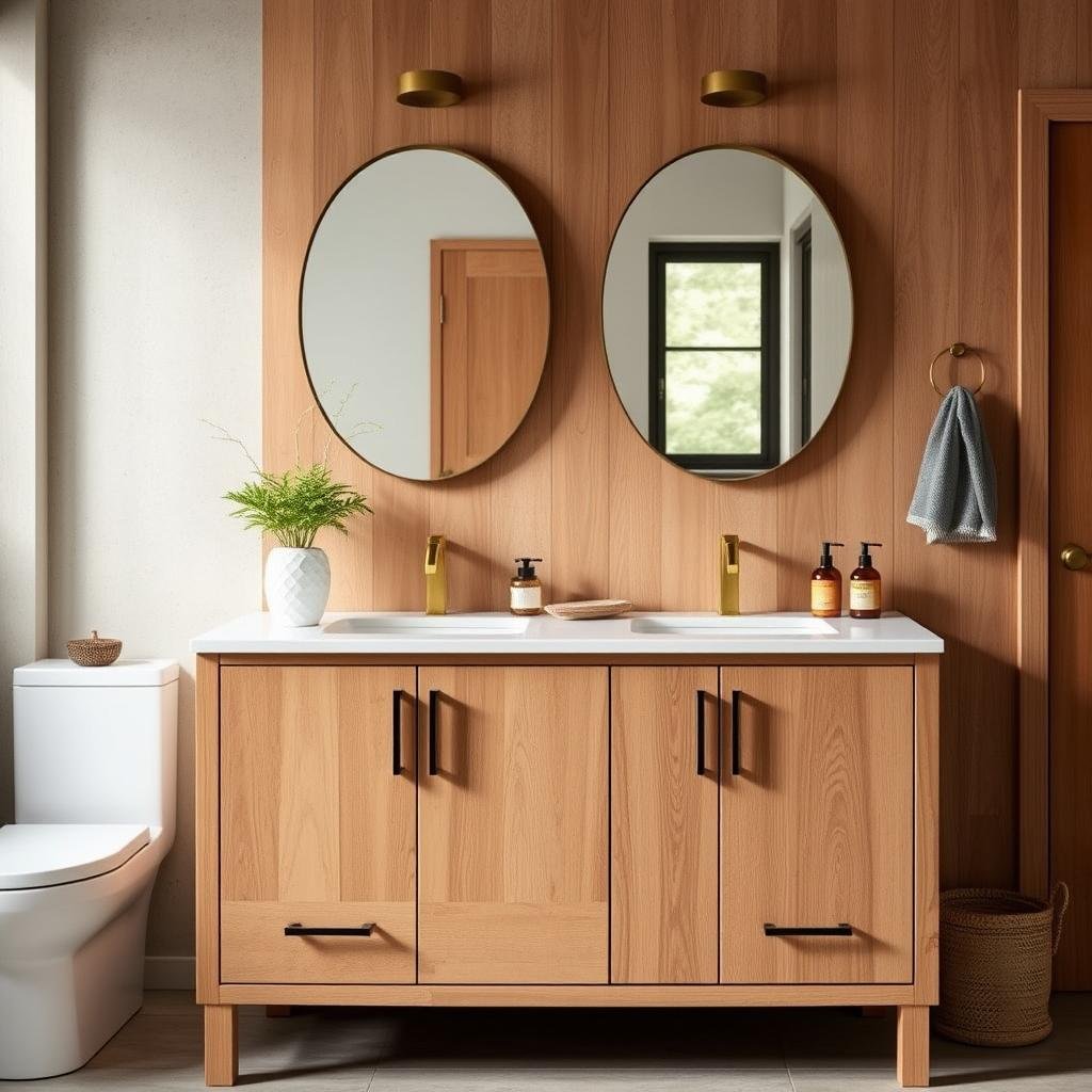 Bathroom remodel with warm wood tones in vanity and accents Bathroom remodel with warm wood tones in vanity and accents