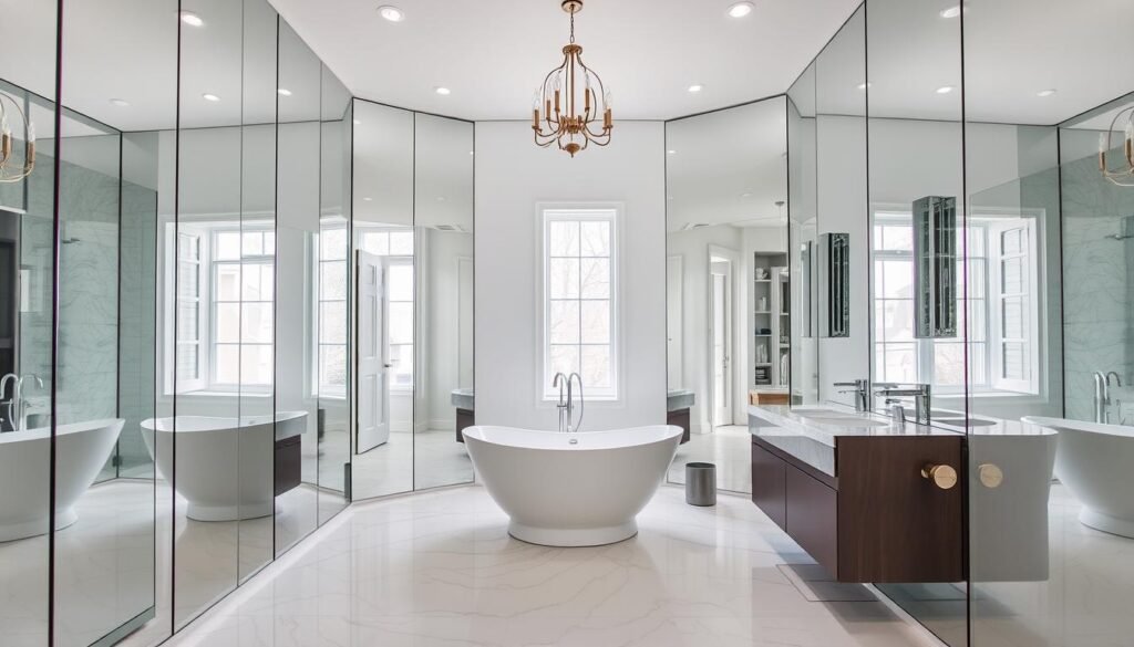 Bathroom with a full wall of mirrors creating a dramatic, space-expanding effect Bathroom with a full wall of mirrors creating a dramatic, space-expanding effect