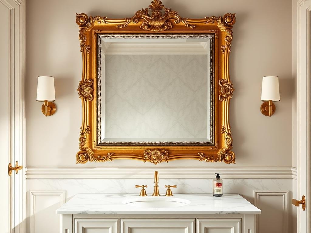 Bathroom with a gold-framed mirror above a white vanity, creating a luxurious focal point Bathroom with a gold-framed mirror above a white vanity, creating a luxurious focal point