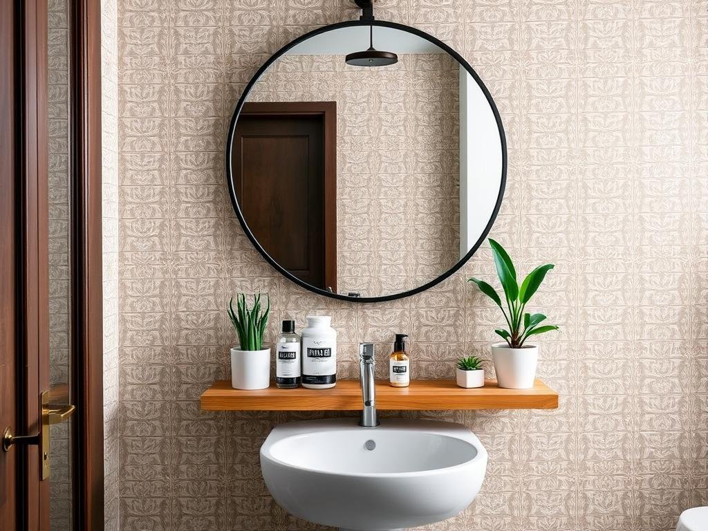 Bathroom with a mirror that has an integrated shelf for displaying essentials Bathroom with a mirror that has an integrated shelf for displaying essentials