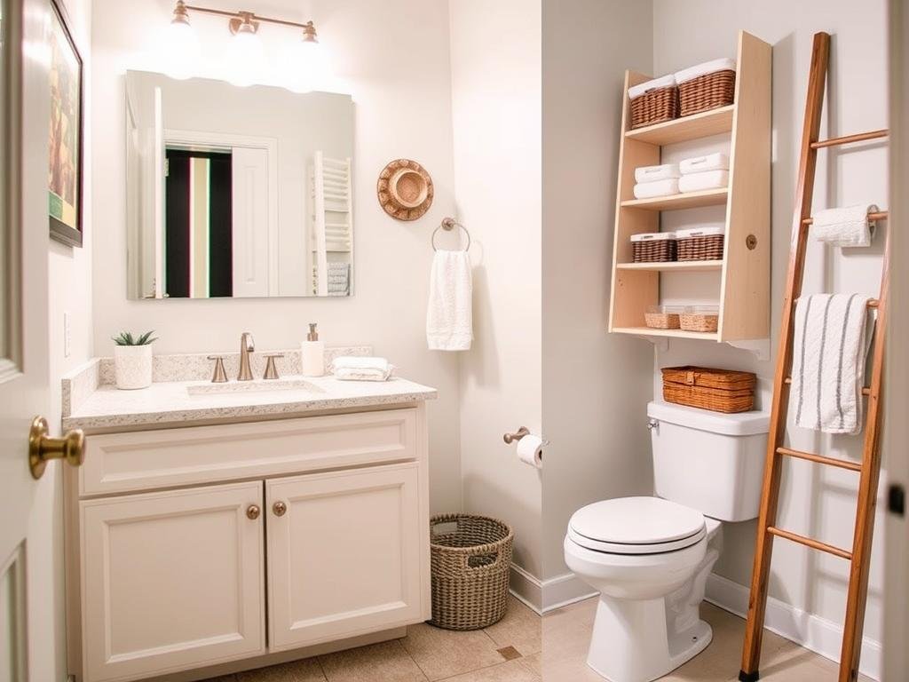 Bathroom with clever storage including vanity drawers, wall cabinets, and decorative baskets Bathroom with clever storage including vanity drawers, wall cabinets, and decorative baskets