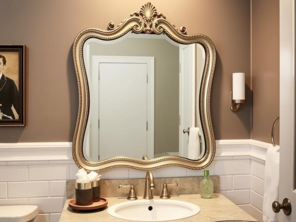 Bathroom with decorative vanity mirror as focal point Bathroom with decorative vanity mirror as focal point