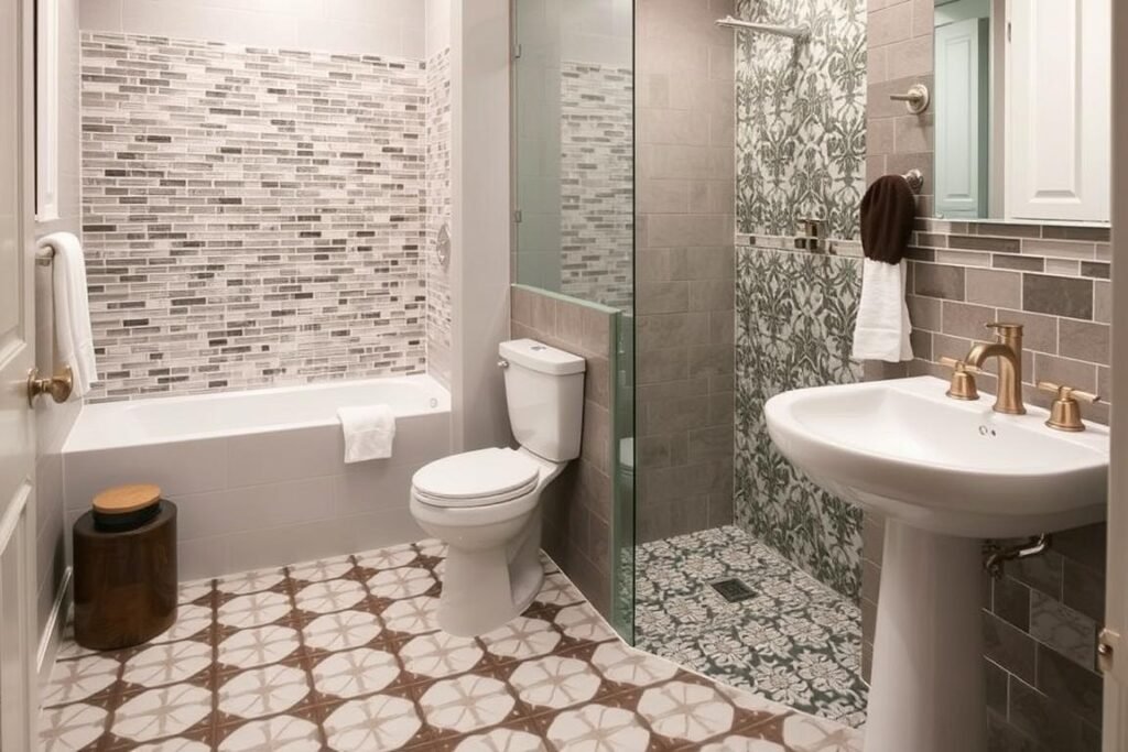 Bathroom with eye-catching tile work in shower, floor, or accent wall Bathroom with eye-catching tile work in shower, floor, or accent wall