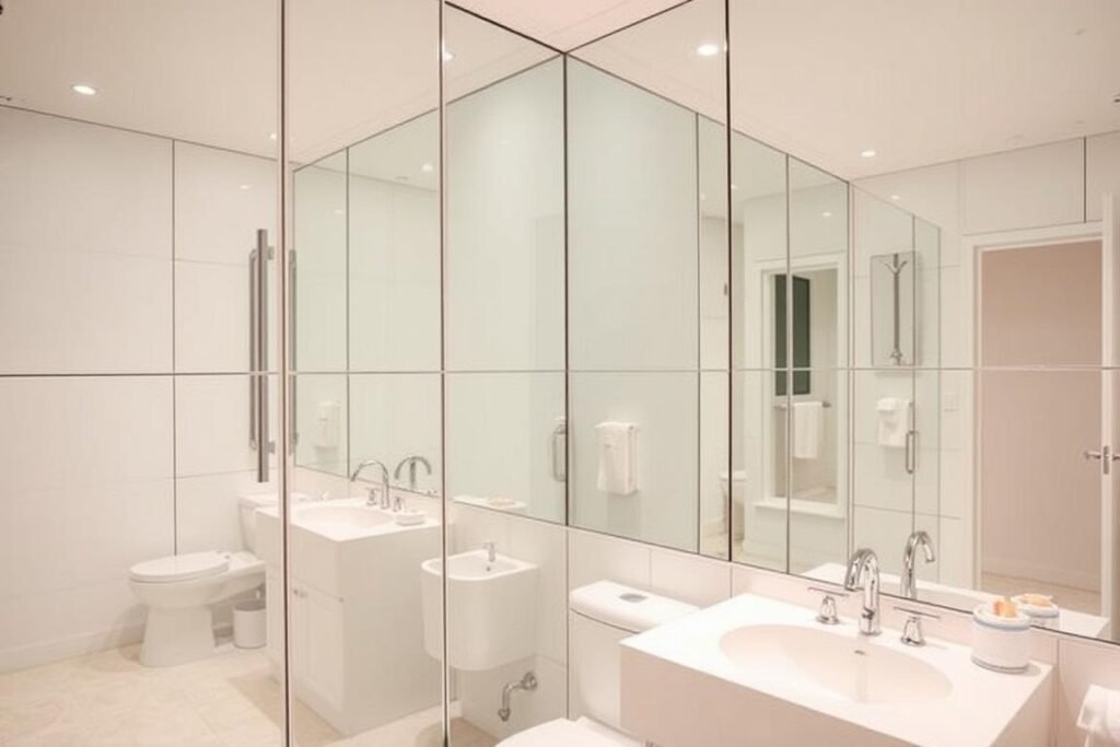 Bathroom with full mirror wall creating illusion of larger space Bathroom with full mirror wall creating illusion of larger space