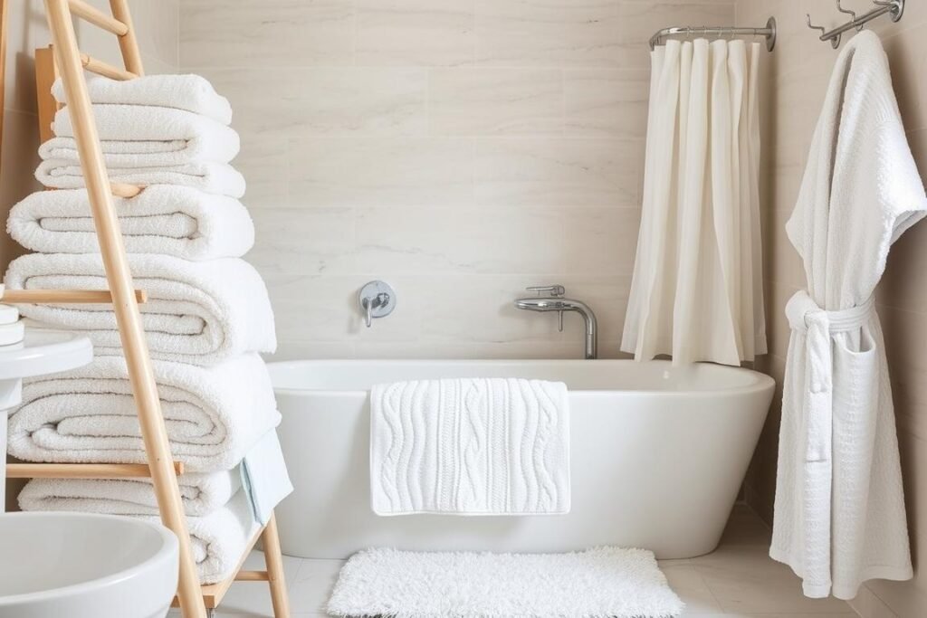 Bathroom with luxurious textiles including plush towels and bath mat